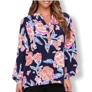 Lilly Pulitzer Floral Blouse in Navy and Pink